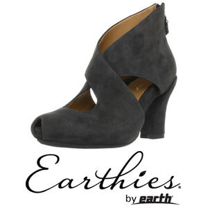Earthies by Earth Shoes Syriana Dark Gray Suede Peep Toe Sculptured Heel Booties